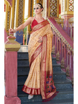 Mysilklove - Tumbleweed Beige Printed Tussar Silk Saree with Unstitched Blouse
