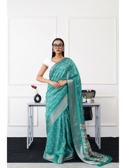 Tikhi Imli - Ready To Wear Green Printed Saree with Unstitched Blouse