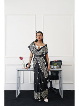 Tikhi Imli - Ready To Wear Black Colored Printed Satin Saree with Unstitched Blouse
