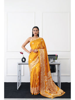 Tikhi Imli - Ready To Wear Mustard Colored Printed Satin Saree with Unstitched Blouse