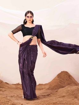 Tikhi Imli - Purple Satin Solid Saree with Unstitched Blouse and Metallic Ring with Unstitched