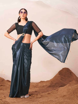 Tikhi Imli - Metallic Teal Satin Solid Saree with Unstitched Blouse and Metallic Ring with Unstitched