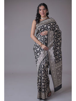 Zari Jaipur - Women Black Georgette Floral Saree with Unstitched Blouse