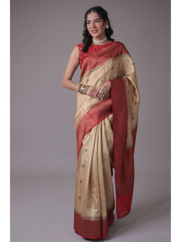 Zari Jaipur - Women Cream Georgette Woven Saree with Unstitched Blouse
