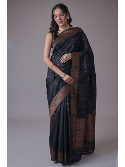 Zari Jaipur - Women Black Georgette Floral Saree with Unstitched Blouse