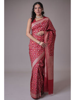 Zari Jaipur - Women Maroon Silk Geometric Saree with Unstitched Blouse