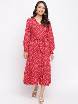 Fabindia - Pink Viscose Printed Midi Dress With Belt (Set of 2)