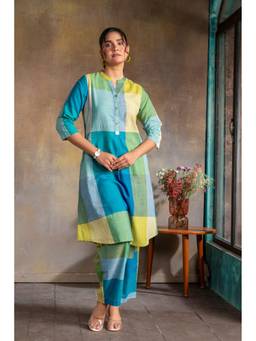 EARTHWEAR - Multi-Color Checks Handloom Cotton Rounded Hem A-Line Kurta