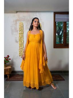 THE RIGHT CUT - Yellow Chanderi Silk Hand Embroidered Pleated Long Dress with Jacket