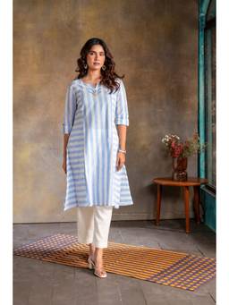 EARTHWEAR - Blue Striped Cotton Three Panel Kurta