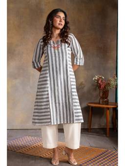EARTHWEAR - Grey Striped Cotton Three Panel Kurta