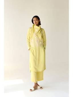 Shyam Narayan Prasad - Thread Embroidered Full-Sleeve Yellow Kurta with Pants and Scarf