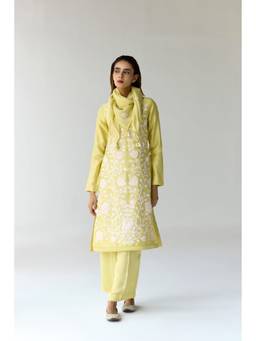 Shyam Narayan Prasad - Thread Embroidered Yellow Kurta with Pants and Scarf