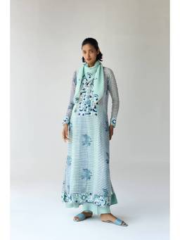 Shyam Narayan Prasad - Thread Embroidered Blue Kurta with Pants and Scarf