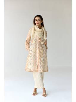Shyam Narayan Prasad - Thread Embroidered Beige Kurta with Pants and Scarf