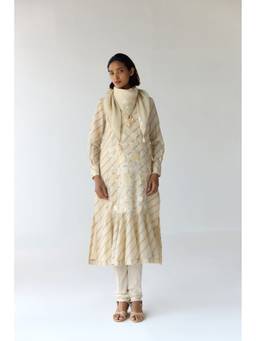 Shyam Narayan Prasad - Thread Embroidered Cream Kurta with Churidar and Scarf
