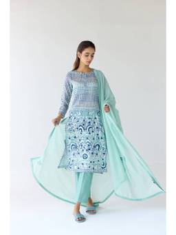 Shyam Narayan Prasad - Thread Embroidered Blue Kurta with Pants and Dupatta