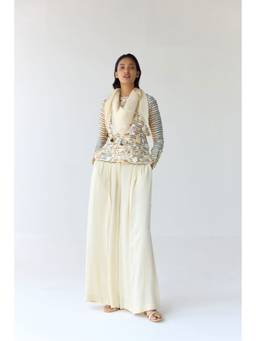 Shyam Narayan Prasad - Thread Embroidered White Kurta with Palazzo and Dupatta