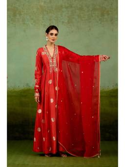 Shyam Narayan Prasad - Zardozi Embroidered V-Neck Orange Anarkali with Pants