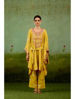 Shyam Narayan Prasad - Gota Embroidered Yellow Kaftan with Pants and Belt
