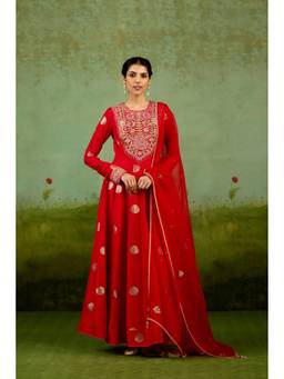 Shyam Narayan Prasad - Zardozi Embroidered Red Anarkali with Pants and Dupatta