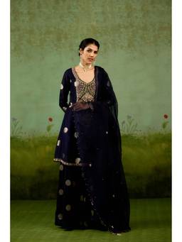 Shyam Narayan Prasad - Zardozi Embroidered Navy Blue Sharara with Kurta and Dupatta