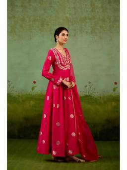 Shyam Narayan Prasad - Zardozi Embroidered V-Neck Pink Anarkali with Pants and Dupatta