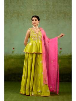Shyam Narayan Prasad - Zardozi Embroidered Sleeveless Green Sharara with Top and Dupatta
