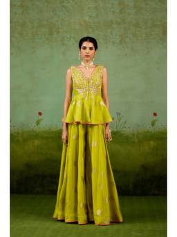 Shyam Narayan Prasad - Zardozi Embroidered Sleeveless Green Sharara with Top