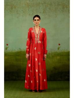 Shyam Narayan Prasad - Zardozi Embroidered V-Neck Red Anarkali with Pants and Dupatta