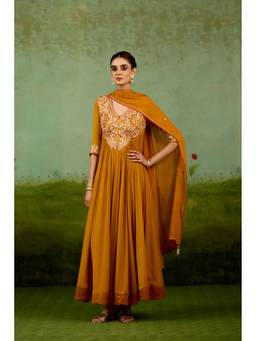 Shyam Narayan Prasad - Gota Embroidered Mustard Anarakali with Churidar and Dupatta
