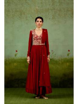 Shyam Narayan Prasad - Zardozi Embroidered Maroon Anarkali with Pants, Dupatta and Belt