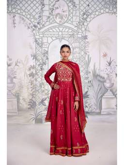Shyam Narayan Prasad - Zardozi Embroidered Maroon Anarkali with Pant and Dupatta
