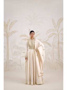 Shyam Narayan Prasad - Zardozi Embroidered Ivory Anarkali with Pant and Dupatta