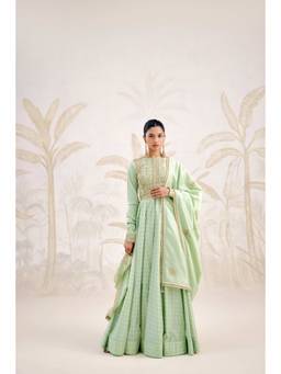 Shyam Narayan Prasad - Zardozi Embroidered Sea-Green Anarkali with Pants and Dupatta