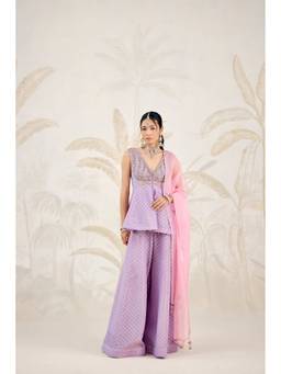 Shyam Narayan Prasad - Zardozi Embroidered Lavender Top with Palazzo and Dupatta