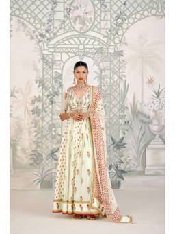 Shyam Narayan Prasad - Zardozi Embroidered V-Neck Off-White Anarkali with Pant and Dupatta