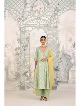 Shyam Narayan Prasad - Zardozi Embroidered Green Kurta with Pant and Dupatta