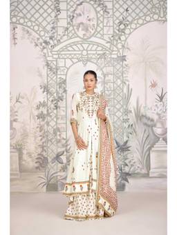 Shyam Narayan Prasad - Zardozi Embroidered Off-White Anarkali with Sharara and Dupatta