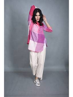 EARTHWEAR - Pink Checks Handloom Cotton Antifit Button Detailing Tunic