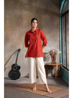 EARTHWEAR - Rust Red Handloom Cotton Hand Embroidered Antifit Top