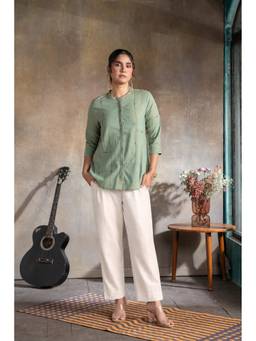 EARTHWEAR - Sage Green Handloom Cotton Hand Embroidered Antifit Top