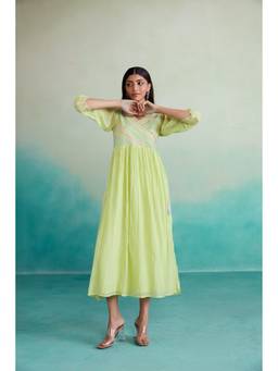 THE RIGHT CUT - Yellow Hand Embroidered Gathered Dress