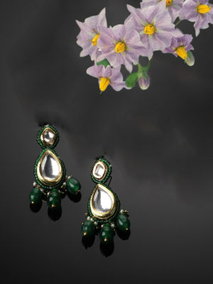 Dugran By Dugristyle Green & Gold Drop Earring with Kundan & Pearls