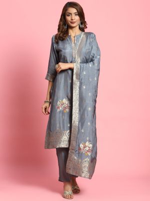 Women Dola Jacquard Black Woven Kurta Comfort Pant Dupatta main image 1