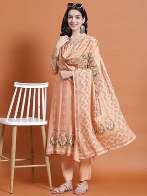 Women's Peach Viscose Rayon Printed Straight Kurta Pant With Dupatta