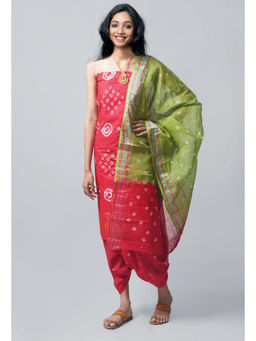 Unnati Silks - Unstitched Red Pure Bandhani Cotton Salwar Kameez (Set of 3)