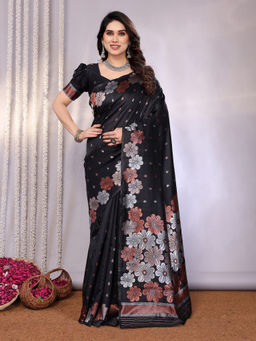 Anjaneya Sarees - Women Black Woven Saree with Unstitched