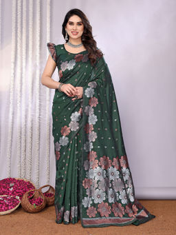 Anjaneya Sarees - Women Green Woven Saree with Unstitched