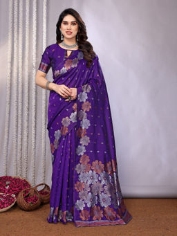 Anjaneya Sarees - Women Purple Woven Saree with Unstitched